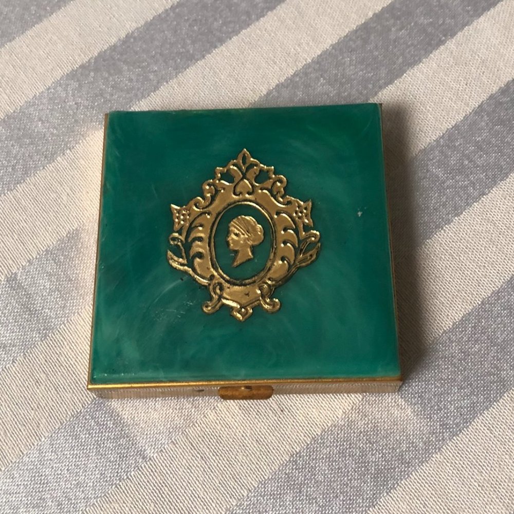 Vintage 60s Zell Fifth Avenue Square Compact - Teal and Gold tone
